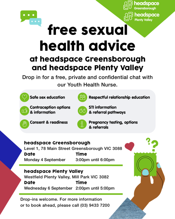 Image of a flyer titled Free Sexual Health Advice with the same details in the post below. There is a cartoon of a hand holding a condom with two question marks floating nearby and a red love heart floating nearby. The flyer has shapes and icons consistent with headspace branding.
